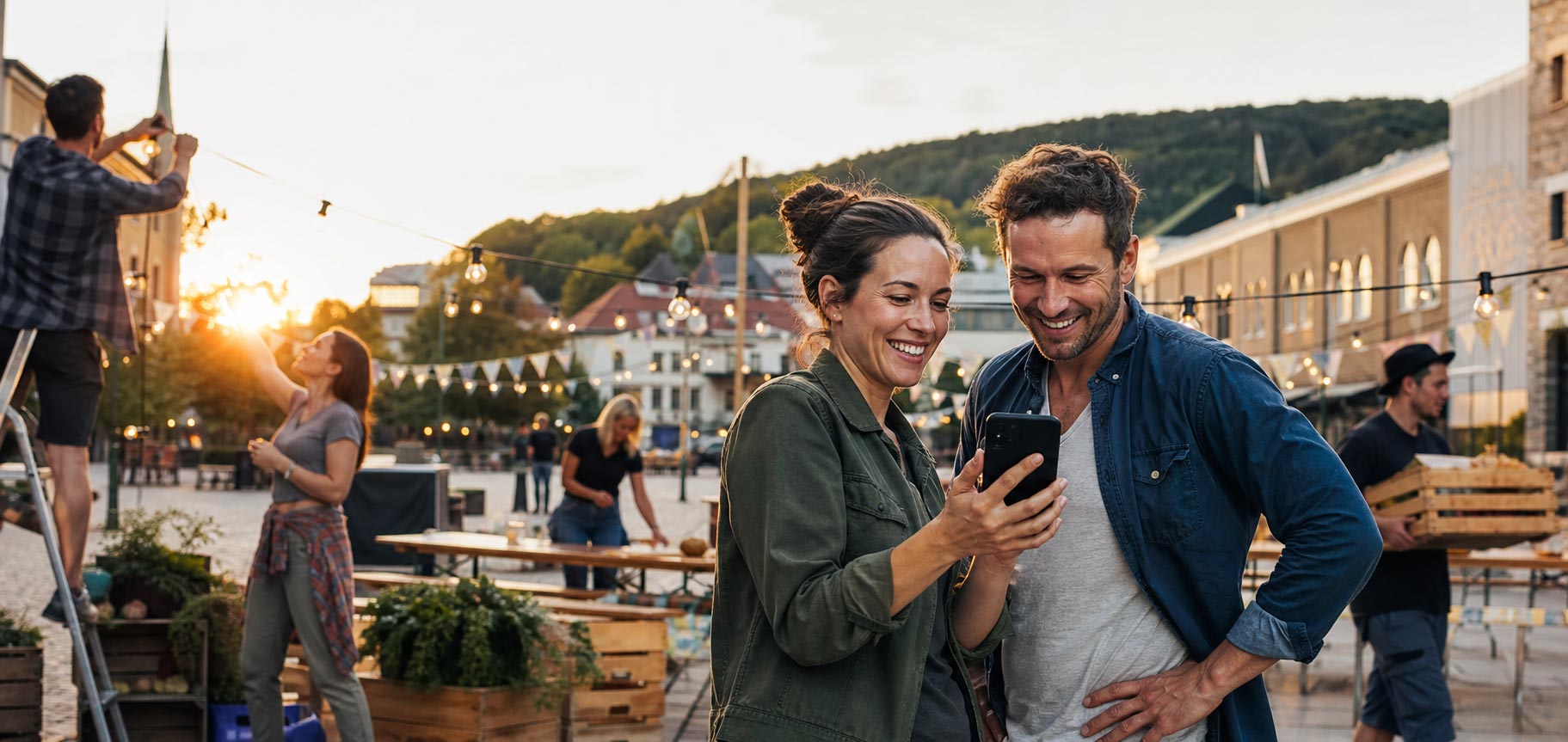 To arrangører ser på mobilen mens plassen gjøres klar til konsert
