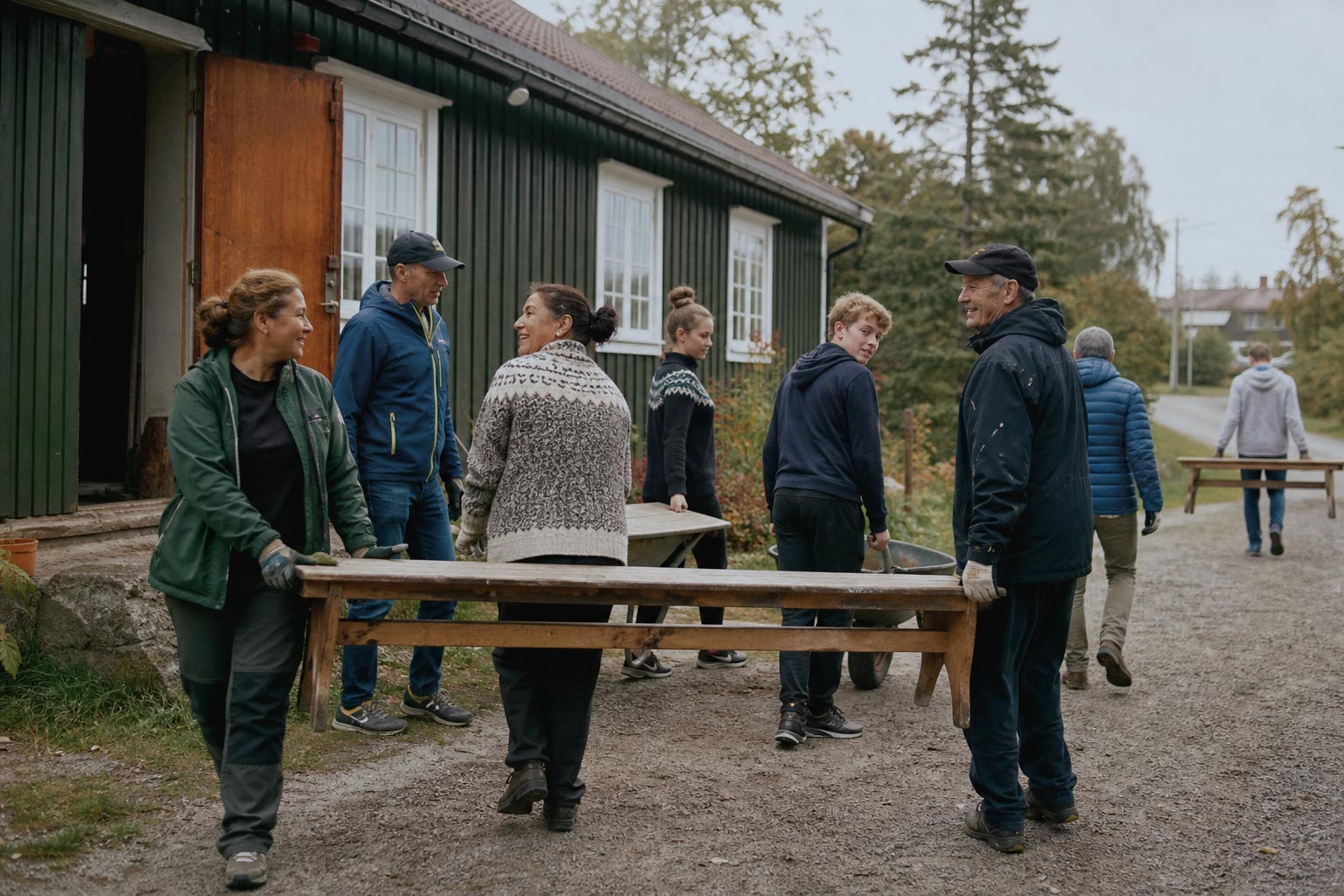 Naboer som samarbeider under en lokal dugnad