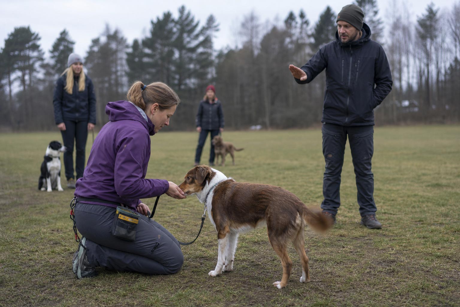 Hundeklubb på treningsfeltet en gråværsdag