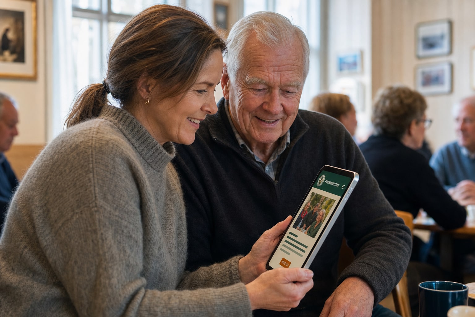 To mennesker ser på en foreningsnettside på mobil