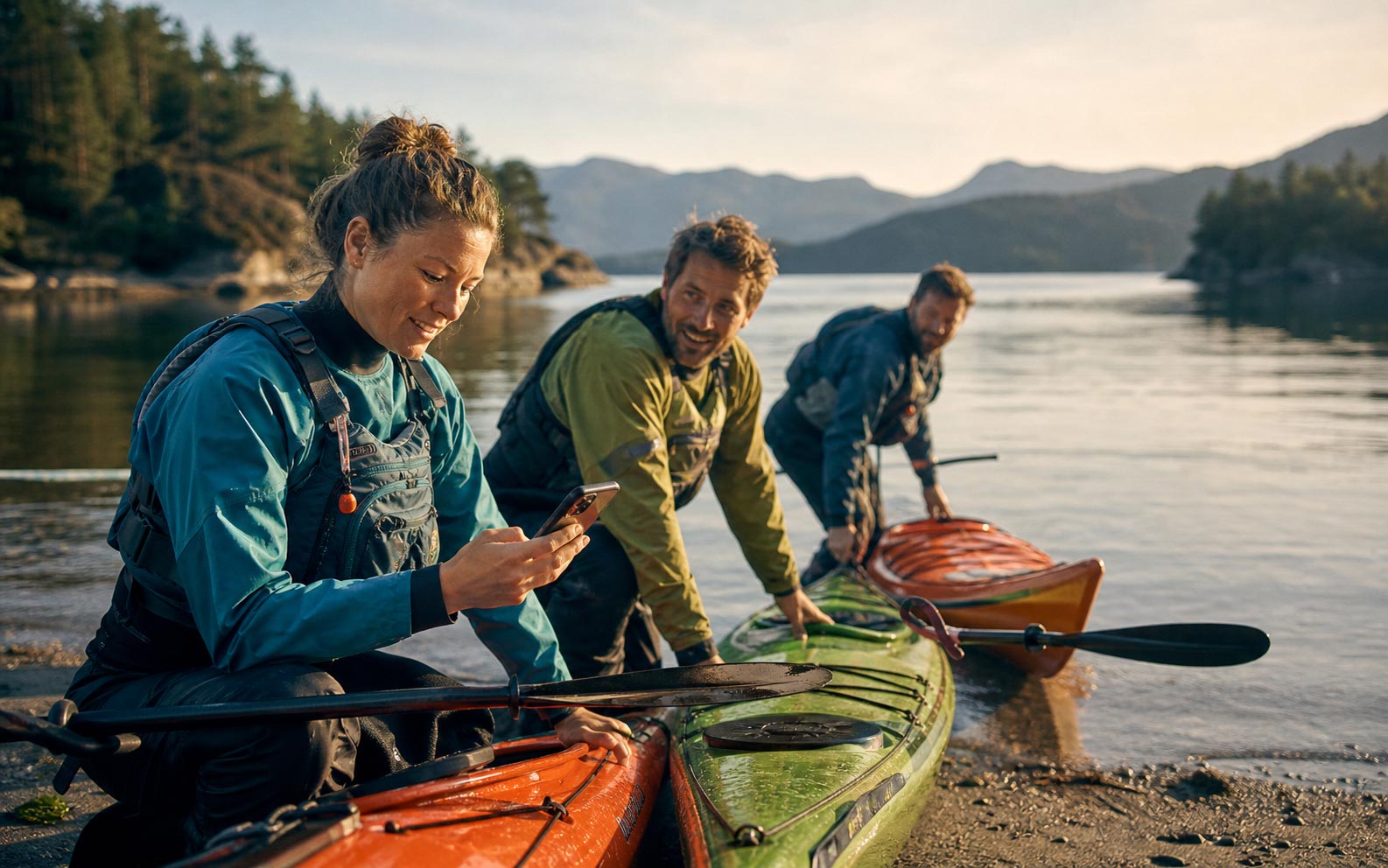 Kajakklubb gjør seg klar ved en norsk fjord